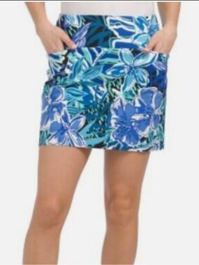Swing Control Hibiscus Blue Floral Pull on Stretch Golf Skort, Size 10, NWT